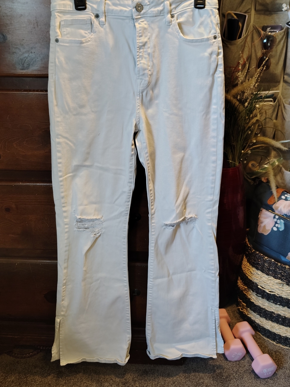 Women's White Flare Jeans with Knee Distress